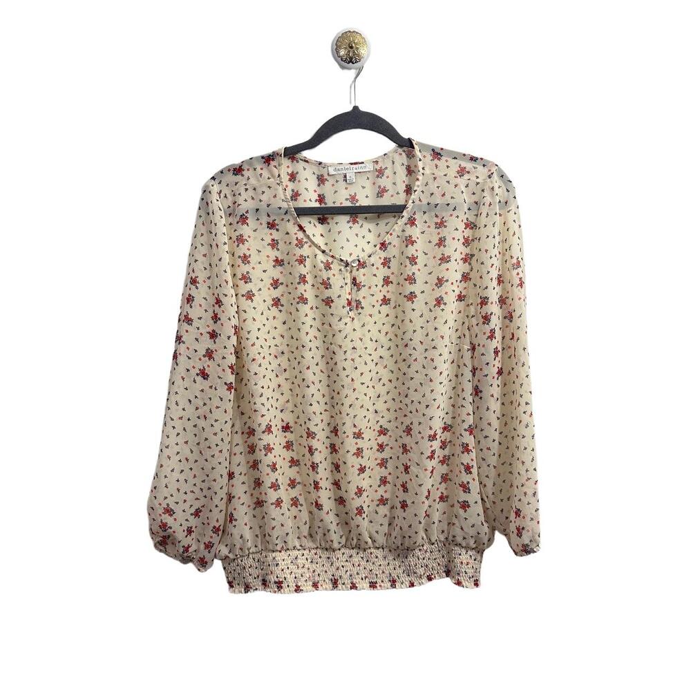 Daniel Rainn Blouse Womens Size XL Floral Sheer Long Sleeve Keyhole Neckline